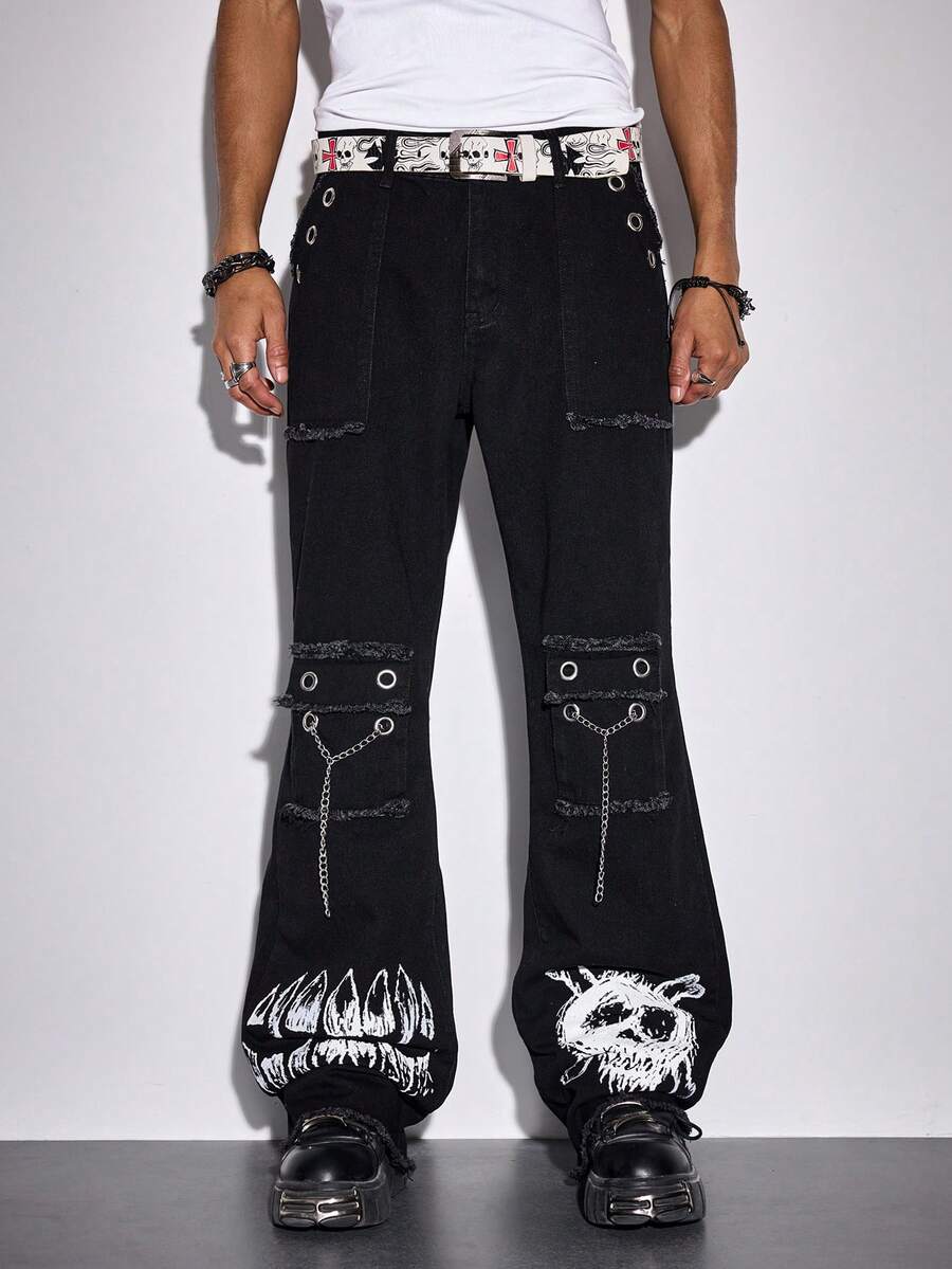 ROMWE MEN Street Life Quần jeans ống loe nam phong cách Gothic thường ngày, in hình đầu lâu, rách rưới, có túi nắp gập và dây xích trang trí. - màu đen - Xem 1