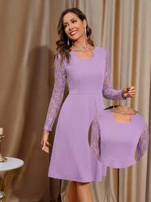Amorya Sleeve Lace Splicing Notched-Neck Irregular Hem Dress - Lilac Purple - View 1
