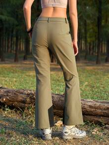 SHEIN In My Nature Women's Letter Print Pleated Straight Leg Casual Hiking Pants - Army Green - View 2