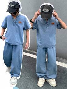 SHEIN Little Byeori 两件套青少年男童时尚休闲Y2K复古酷炫街头基础款简约舒适蓝色牛仔开衫和一条舒适宽松弹力修身牛仔裤，适合儿童日常穿着、春夏派对、节日和街头服饰。 - 藍色 - 查看 1