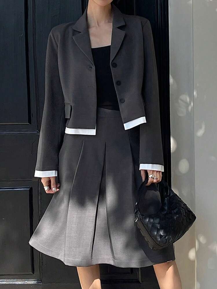 Women's Solid Color Minimalist Daily Long Sleeve Top And Skirt Suit