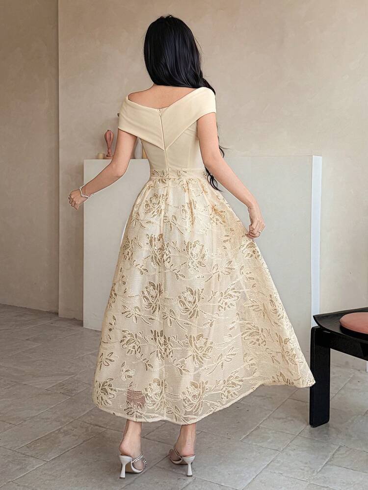 Women's Elegant Floral Patchwork Asymmetrical Shoulder Long Dress, Summer Wedding Guest Dress Sundress Cocktail Dress