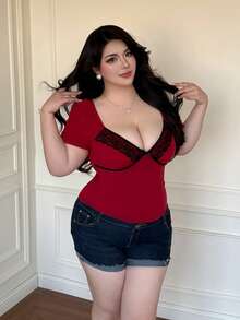 Vibekara Spring, Summer, Fall Elegant Lace Trim V-Neck Long Sleeve Knit Contrast Lace Sexy Top - Burgundy - View 6