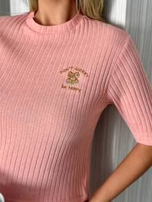 EURMUSE 100%Cotton Cute Letter Embroidery Ribbed Knit Lounge Set - Pink - View 4
