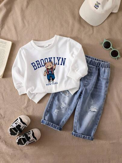 SHEIN 2pcs Infant/Baby Boys Set, Cute Bear Print Long Sleeve Sweatshirt & Denim Pants, Baby Casual Sportswear, 6M-3T, Everyday Casual Long-Sleeve Knitted Sweatshirt Co-Ord For Baby Boys In Multicolor, Baby Boy Outfit Baby Boy Clothes Baby Boy Streetwear Baby Boy Clothes Fall Winter