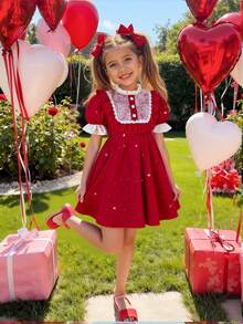Elladie kids Girls'Elegant Red Summer Satin Lace Trim Yoke Dress,Soft & Comfortable Short Sleeve Party Dress For Birthdays,Christmas,Casual & Various Occasions - Red - View 4