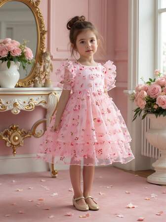Glamorique Kids 3D Jacquard Elegant & Comfortable Princess Dress For Girls, Suitable For Parties, Birthdays, Daily Wear, Summer 3d Flowers Dress For 8 Year Old Pink Puff Sleeve Dress For Girls Pink Floral Dress Girls Pink Flower Dress For Girls Pink Floral Dress Kids