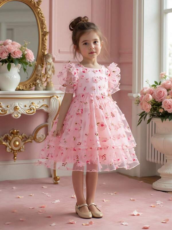 Glamorique Kids 3D Jacquard Elegant & Comfortable Princess Dress For Girls, Suitable For Parties, Birthdays, Daily Wear, Summer 3d Flowers Dress For 8 Year Old Pink Puff Sleeve Dress For Girls Pink Floral Dress Girls Pink Flower Dress For Girls Pink Floral Dress Kids
