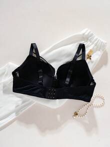 1件装加大码女士蕾丝拼接舒适支撑塑形钢圈文胸 - 黑色 - 查看 2