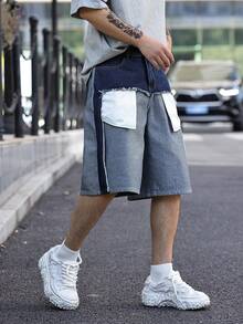 Manfinity EMRG Quần jeans nam ống rộng lửng, phối màu tương phản mới, có túi nắp và các mảng vải ghép nối; Quần short denim nam kiểu dáng thường ngày, màu tương phản đã qua xử lý. - Màu xanh lam - Xem 3
