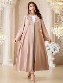 Al Najma Áo Abaya dài tay màu trơn dành cho nữ, trang trí ngọc trai, kiểu dáng thanh lịch, dáng rộng, phong cách Ả Rập. - Lạc đà - Xem 4