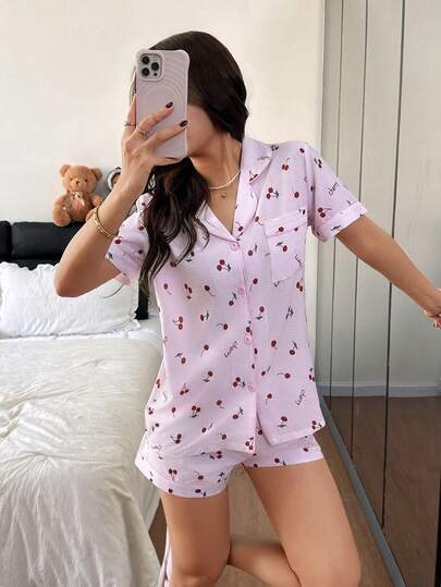 Napfluff Cherry Print Lapel Short Sleeve Shorts Women Pajama Set