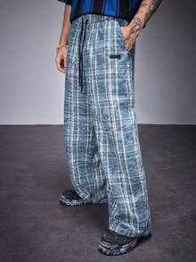 Manfinity VCAY Pantalones casuales holgados de tela tejida a cuadros con bolsillo y amarre delantero para hombre - Azul - Ver 4