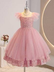 Đầm ngắn dáng chữ A xếp lớp tay ngắn đính sequin lưới cho bé gái dự tiệc cưới, tiệc tùng, sinh nhật, biểu diễn. - Hồng - Xem 3