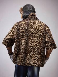 AXEPEAK 男士时尚豹纹前拉链衬衫，街头风格 - 卡其色 - 查看 2