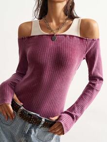 Bohemela Casual Color Block Long Sleeve Fitted Bodysuit For Women - Burgundy - View 4