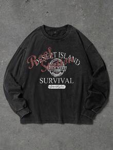 GENIUS ODE 男士字母印花圆领休闲宽松长袖T恤 - 黑色 - 查看 1