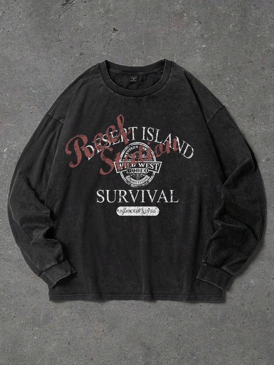 GENIUS ODE 男士字母印花圆领休闲宽松长袖T恤 - 黑色 - 查看 1