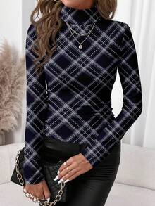 SHEIN Clasi Women's Casual Minimalist Turtleneck T-Shirt, Navy Blue Plaid Print Pattern - Multicolor - View 4