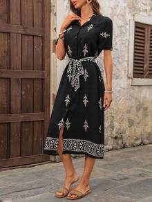 EMERY ROSE 休闲印花无袖圆领A字连衣裙，夏季 - 黑色 - 查看 7