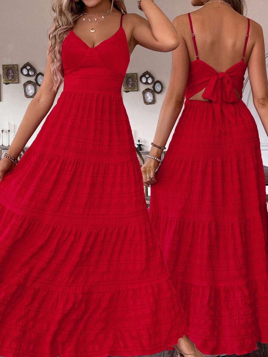 Rafferiza Petite Abito vintage in stile campagnolo con fiocco e patchwork a strati, adatto per compleanni, matrimoni e ospiti - Rosso - Visualizzare 1