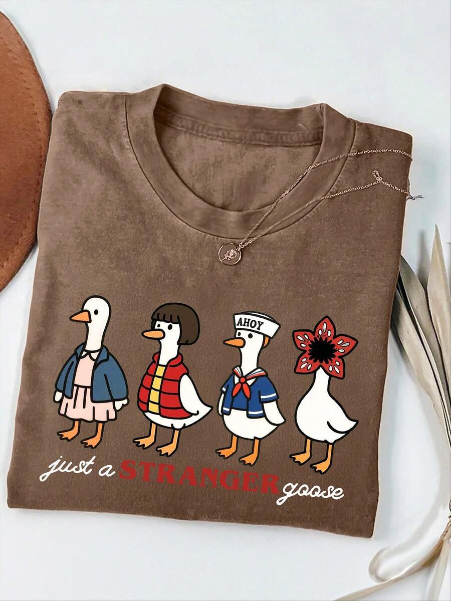 INAWLY Women's Cartoon Duck Print Round Neck Short Sleeve Casual T-Shirt - Coffee Brown - View 1