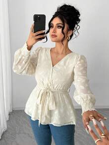 Elenzga Plus Size Elegant Commuter Solid Color Cutout Blouse - Apricot - View 5