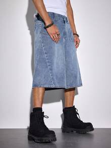 ROMWE MEN Essentials Quần short denim ống rộng dáng suông, không đối xứng, có túi dành cho nam. - Màu xanh lam - Xem 4