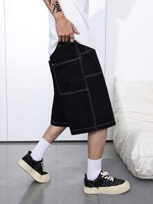 Manfinity Hypemode Stylish Black Washed Wide Leg Denim Bermuda Shorts - Black - View 6