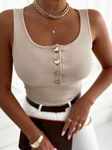 EMERY ROSE Plus Size Women Heart Button Casual Short Sleeve Slim Fit Sexy V-Neck Tank Top - Apricot - View 3