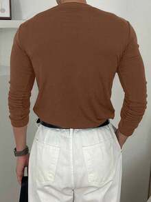 DAZY 男士休闲棕色保暖长袖T恤，秋季 - 鏽棕色 - 查看 2