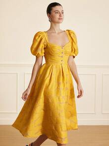 BELROSIE Yellow,Summer,Elegant,Wedding Guest Women's Sweet Princess-Style Floral Puff Sleeve Dress With Pearl Button, High Neck Line Date - Yellow - View 3