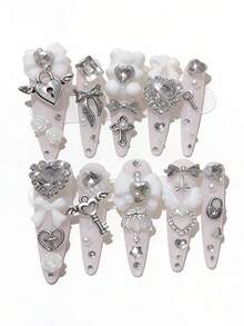 ROMWE Anime 10pcs Y2K Cute Heart, Star, Bow, Wing Nail Art Stickers With Tape - transparent white - View 1