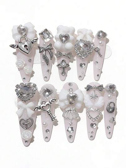 Anime 10pcs Y2K Cute Heart, Star, Bow, Wing Nail Art Stickers With Tape