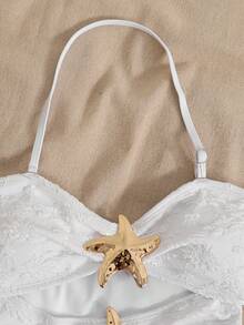 SHEIN Tween Girl Casual Vacation White 1pc Detachable Strap Hollow Starfish Accent Ruched One-Piece Swimsuit, Summer Beach - White - View 6