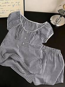 Resyla 2pcs Women Casual Plaid Print Top & Shorts Set - Blue - View 1