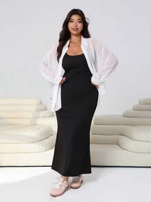SHEIN EZwear 2026 Frühling & Sommer Valentinstag Neuankömmling, Lässig Ausflüge, Partys, Dates, Geburtstagsfeiern, Musikfestivals, Pendeln, Schulanfang, vielseitiges weißes Chiffon Oberteil und schwarzer hochdehnbarer Meerjungfrau Maxirock 2 Stücke Set, Große Größen - Verschiedenfarbig - Übersicht 3