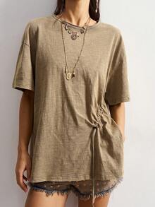 Bohemela 休闲纯色针织圆领短袖宽松抽绳女式T恤 - 灰色 - 查看 11