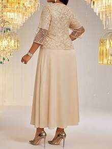 Fleurora Spring And Summer Autumn And Winter Elegant Modest Party Commuting Wedding Valentine's Day Cocktail Party Office Concert/Music Festival Khaki Knitted Sequins Scoop Neck Flared Contrast Sequin Midi Three Quarter Length Sleeve Plus Size Co-Ords Plus Size Elegant Minimalist Round Neck Short Sleeve Casual Waist Tie Dress With Cover Up 2-Piece Set Women's Summer Set Birthday Outfits For Women - Khaki - View 3