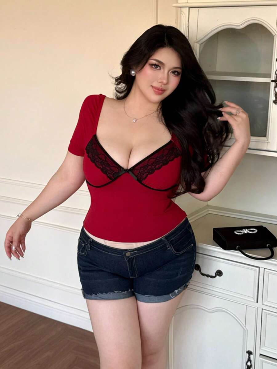 Vibekara 春夏秋三季优雅蕾丝边V领长袖针织撞色蕾丝性感上衣 - 酒紅色 - 查看 1