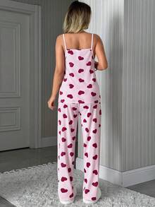 EURMUSE Women 2 Pcs Contrast Colour Lace With Striped&Heart Pattern Detail Tank Top And Long Pants Homewear Pj Set Women Clothing Lingerie Set Women S Pajama Women Pj Set Strappy Women Nighty Women S Pajama Pants - Multicolor - View 2