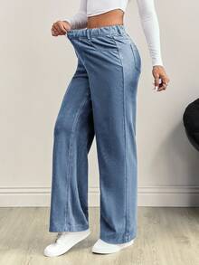 SHEIN FlexDen Quần jeans nữ cạp chun co giãn có túi, kiểu dáng đơn giản, thời trang, đa năng. - Xám - Xem 3