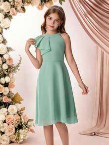 Pitira Vestido de dama de honor de gasa verde sólido con volantes en los hombros y la cintura, con silueta evasé hasta la rodilla, adecuado para niña de las flores, temporada de bodas, Día de San Valentín, fiestas, cumpleaños, festivales de primavera y otras ocasiones - Verde - Ver 5