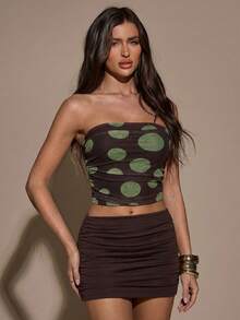 SHEIN BAE 两件套女士纯色棕绿色波点抹胸露背系带短款上衣和褶皱腰迷你裙，夏季海滩度假波点性感套装 - 棕色 - 查看 1