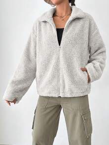 SHEIN Cottnline 女士拉链落肩泰迪熊加大码外套 - 奶油色 - 查看 6