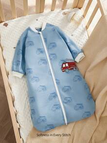 Cozy Pixies 一件式婴儿薄款长袖刺绣卡通消防车睡袋，适合春夏穿着，适合新生儿 - 藍色 - 查看 2
