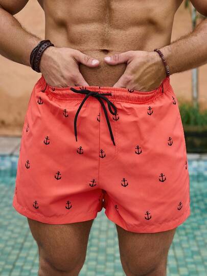 Zalmeno Plus Size Men's Anchor Print Drawstring Waist Casual Beach Shorts, Summer