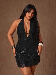 Rustia Plus Size Black Sequin Spaghetti Strap Crop Top Bodycon Party Mini Dress, Sleeveless Summer - Black - View 5