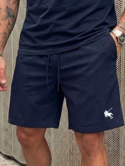 GENTILAND Herrshorts med riddartryck och dragsko i midjan, avslappnade och mångsidiga