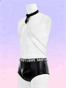 FeverCity Men's Sexy Lingerie With Letter Woven Strap And Chain Necklace - Black - View 3